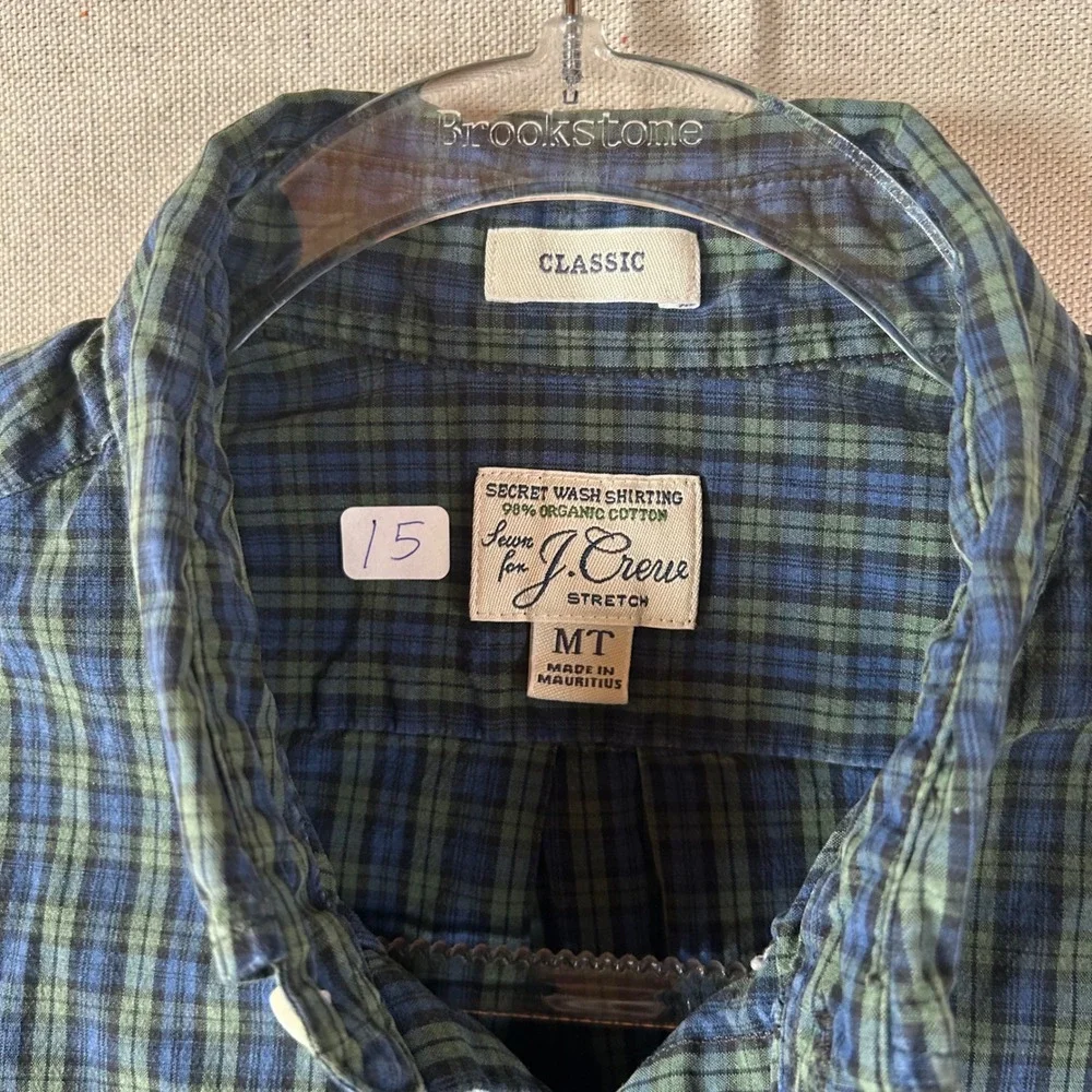 J.Crew Mens MT Secret Wash Stretch Organic Cotton Plaid Button Down Shirt‎ Green
